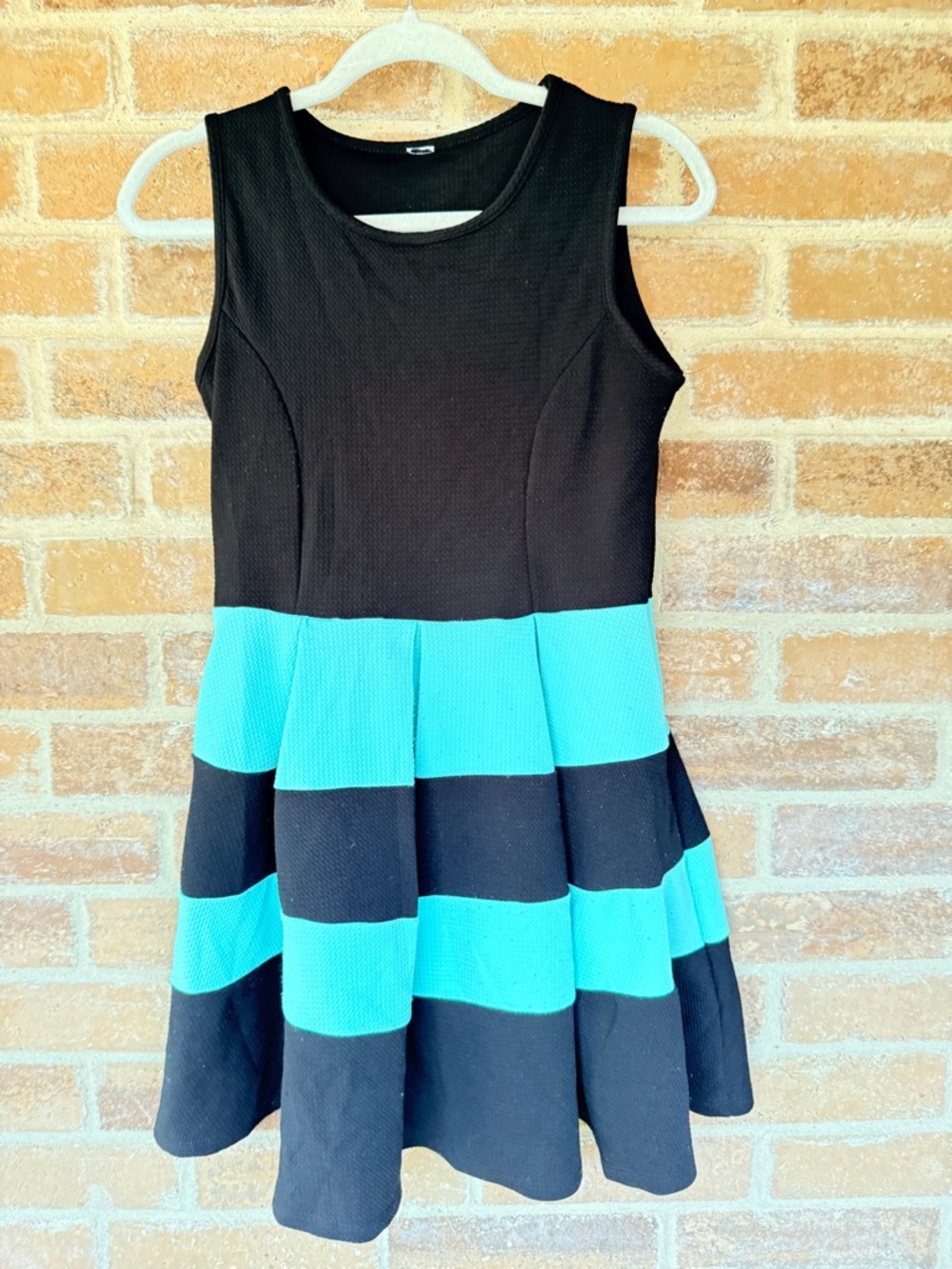 Sleeveless Black and Teal Striped Fit-and-Flare Midi Dress